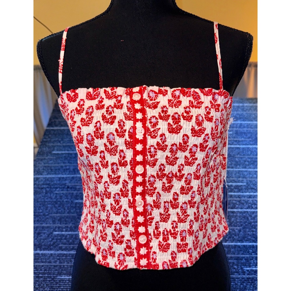 Roller Rabbit Tank Top Women L Red Lavender Floral NEW Smocked Cami